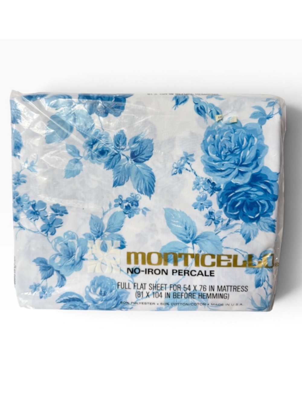Vintage Cannon Monticello Blue Cabbage Rose Floral Full Size Flat Sheet NOS